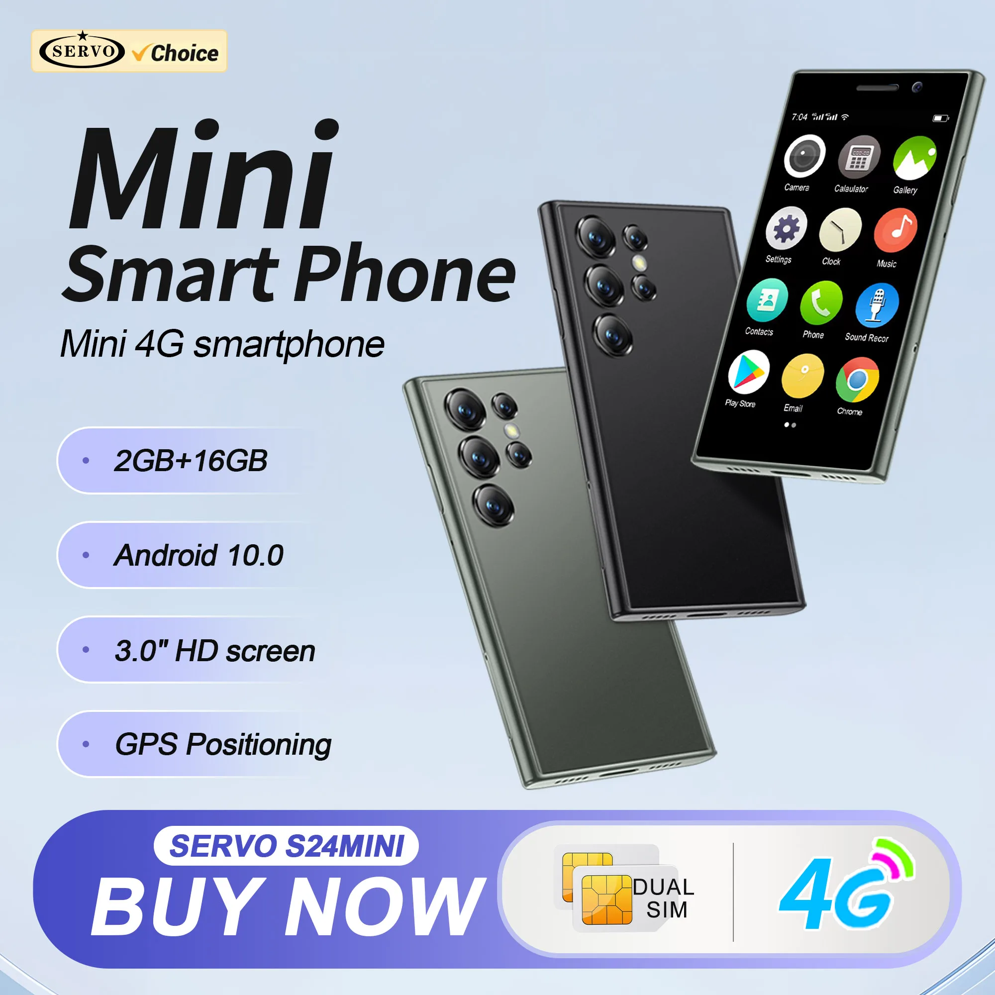 SERVO S24 Mini Android System Smartphone 4G Network Google Store Facial Unlock 2GB+16GB GPS 2 SIM Standby Small Card Smart Phone