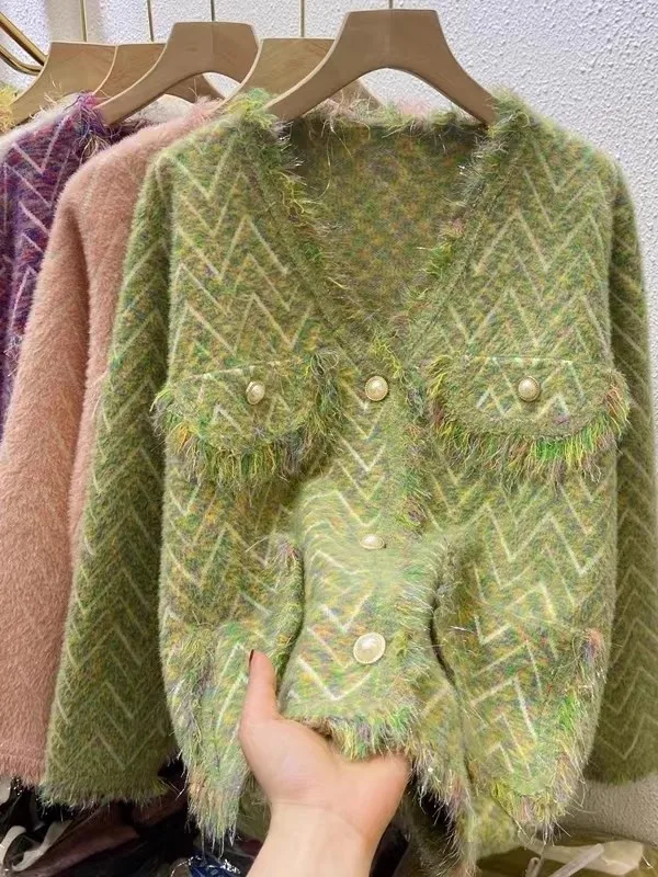 Ele ort Knitted Knitwear V-Ne Long Sve Women's Outerwear Spring Autumn New Sle Tassel Design Ladylike Coat