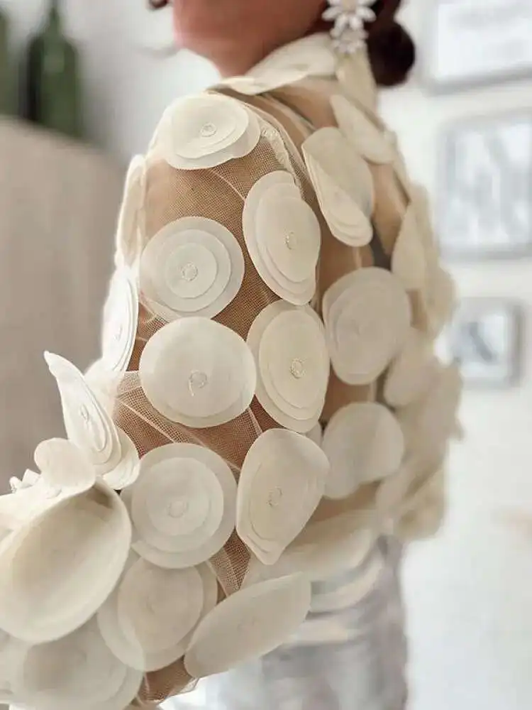 BabYoung Women's Top Polka Dot Appliques Mesh See-Through Long Sleeve T-Shirt Lapel Collar Buttoned Loose Fit Shirt & Blouse