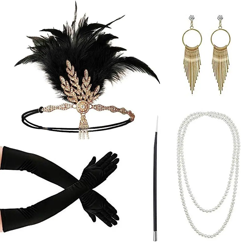 PESENAR 1920s Fashion Flapper Headband Cigarette Holder Long Gloves Pearl Necklace Great Gatsby Accessories for Women