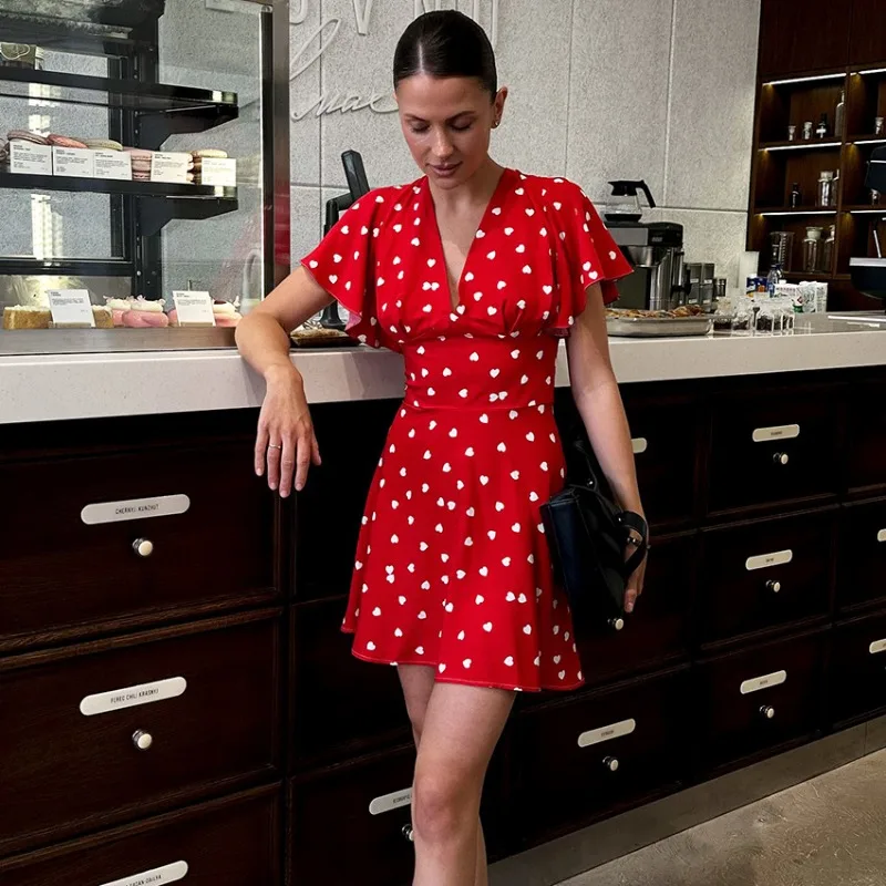 

Tsiisd Women's Red Print Mini Dress Backless V Neck High Waist Valentine's Day Fashion Party Evening Dress Female Dress 2026 New