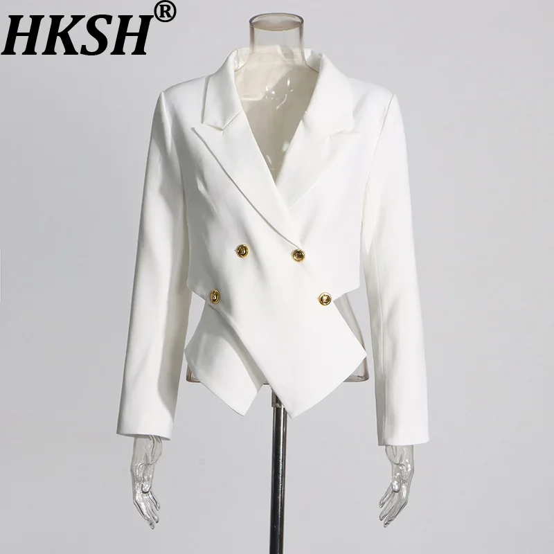 

HKSH осенний новый женский пиджак с отложным воротником, двубортный, нерегулярный подол, высококачественное однотонное элегантное повседневное пальто HK11492