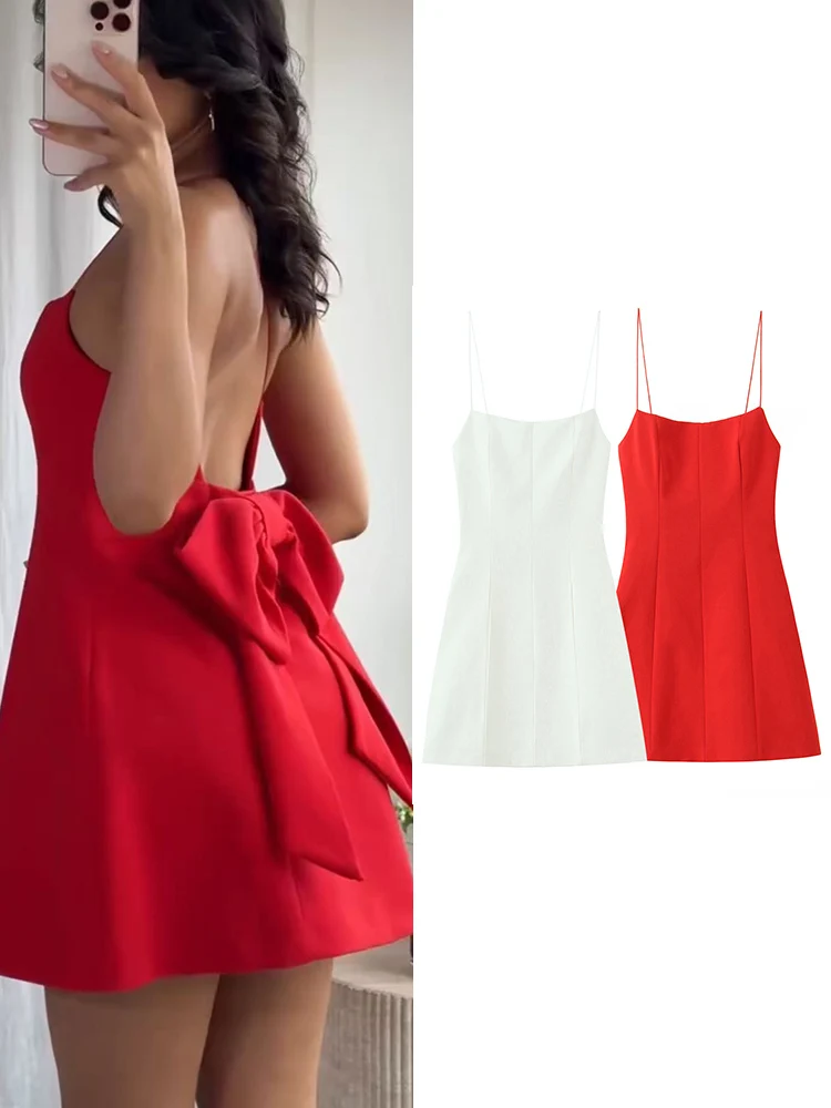 TFMLN ฤดูร้อนผู้หญิงบางสลิงมินิเดรส New Holiday Beach Causal แขนกุด Backless Bow ตกแต่ง Slim Elegant Dresses