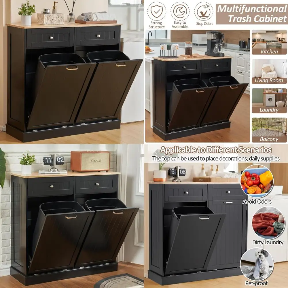 

Double Tilt-Out Trash Can Cabinet, 2x13 Gallon Freestanding Recycling Storage with Hidden Drawer for Kitchen