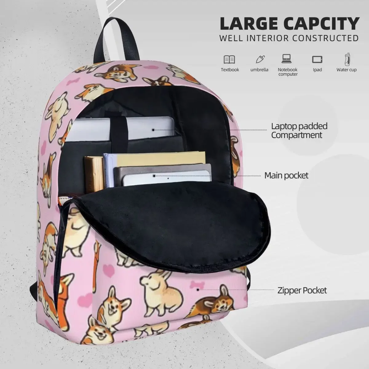 حقيبة ظهر Lovey Corgis باللون الوردي مقاومة للماء حقيبة مدرسية للطلاب حقيبة كمبيوتر محمول حقيبة ظهر للسفر حقيبة كتب ذات سعة كبيرة