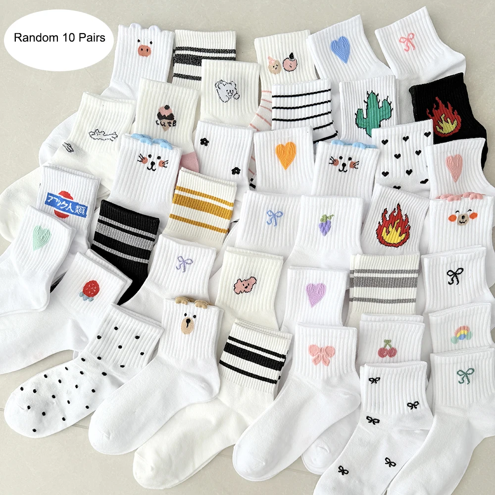 

10 пар/упак. женские весенне-осенние модные новые белые милые носки до середины икры с героями мультфильмов, впитывающие пот и дышащие яркие носки