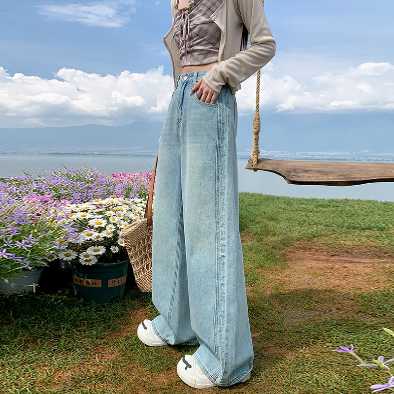 Jeans For Women Straight Leg Denim Pants 2026 Spring Fashion Wide Bottom Trousers Classic Blue Vintage Long Length Comfort Fit