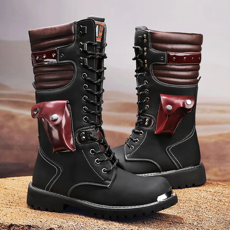 High Quality Black Man Biker Boots Fashion Lace-up High Boots Men Comfort Leather Motorcyclist Boots Men Size 38-46 botas altas