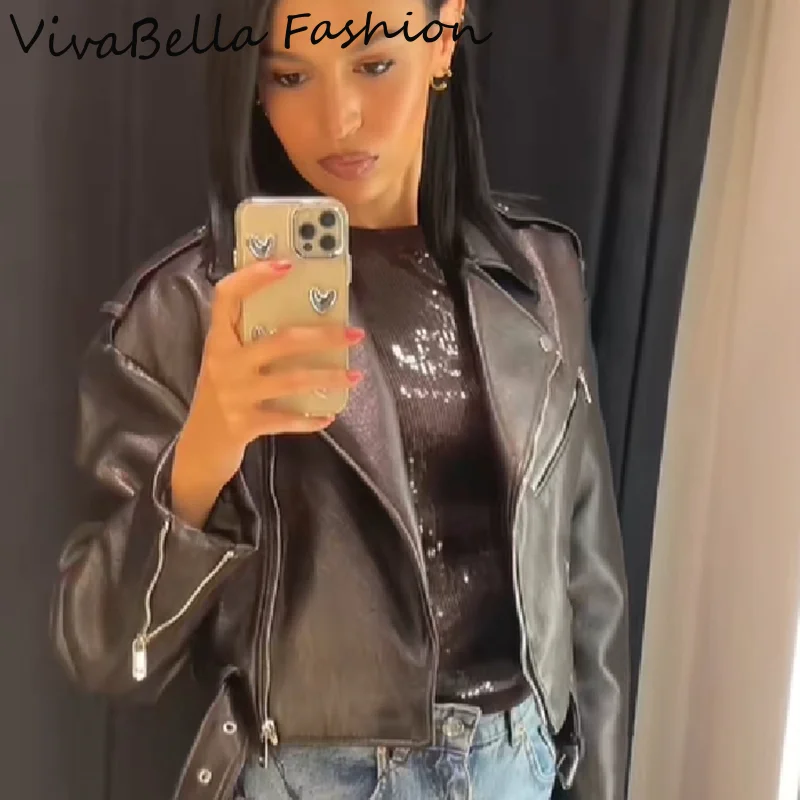 

Vintage Solid Faux Leather Jacket Women Lapel Long Sleeve Zip-up Button Coats 2025 NEW Lady Daily Commute High Street Outwear ﻿