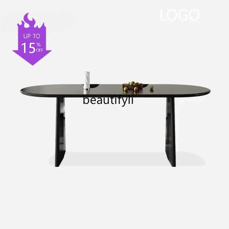 

2344 newItalian minimalist solid wood dining table oval small apartment French tempered glass long dining table and chair combin