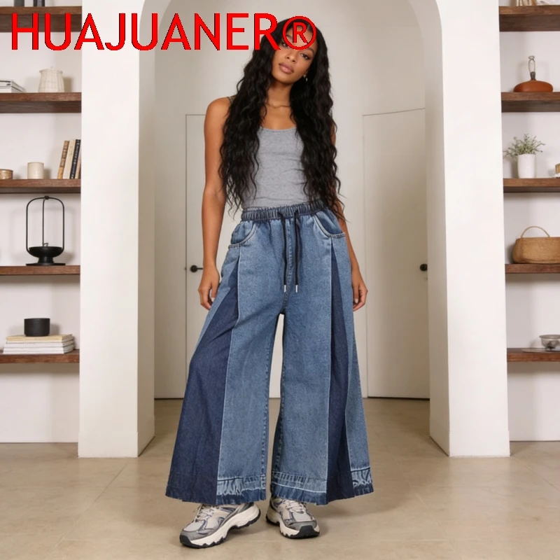 

Jeans Women Wide Leg Pants Washed Vintage Ankle Length Trousers Drawstring Elastic Waist Patchwork Distressed Streetwear Denims
