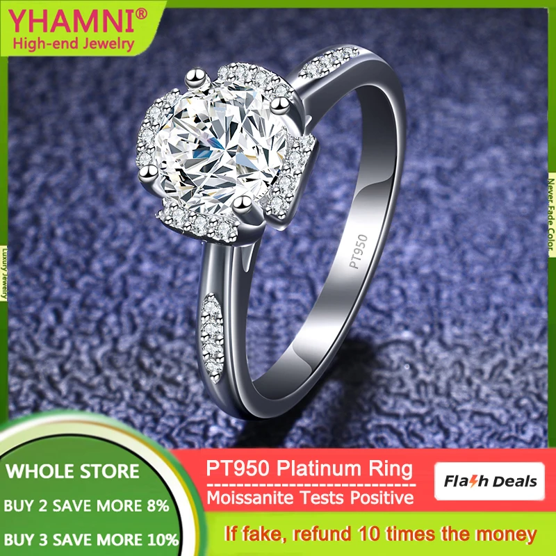 YHAMNI Luxury Coronal Crown Design PT950 Platinum Ring Round 1 Carat Moissanite Diamond Rings for Women Bride Wedding Jewelry