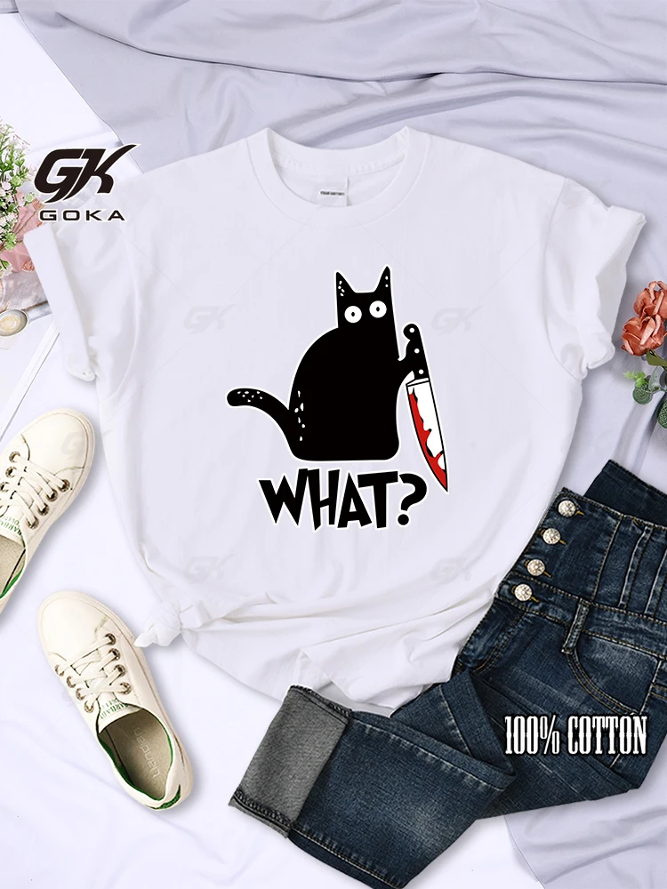 Kitchen Knife Black Cat Wha? Print Female Short Sleeve Cute Breathable T-Shirts Summer Cool Tee Clothes Street Hip Hop Tops