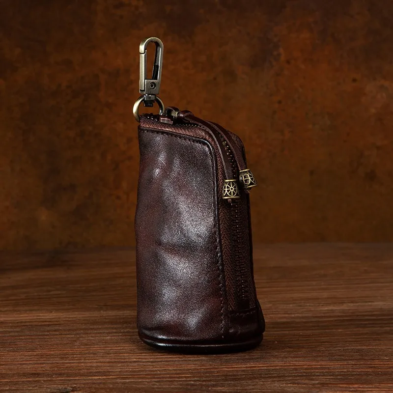 Original handmade color brush wallet, retro and fashionable men's mini key holder, layered cowhide vertical storage bag