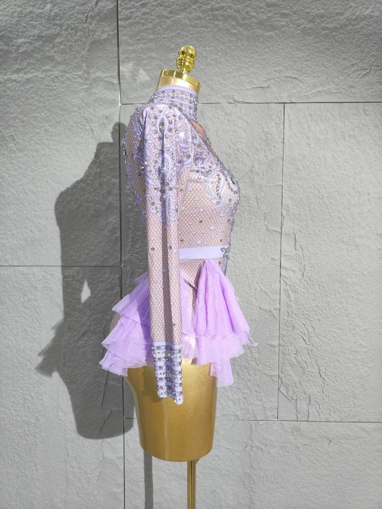 2025 strass scintillants body femmes élastique rose maille volants cristal justaucorps discothèque danseur Costume scène porter tenue de fête