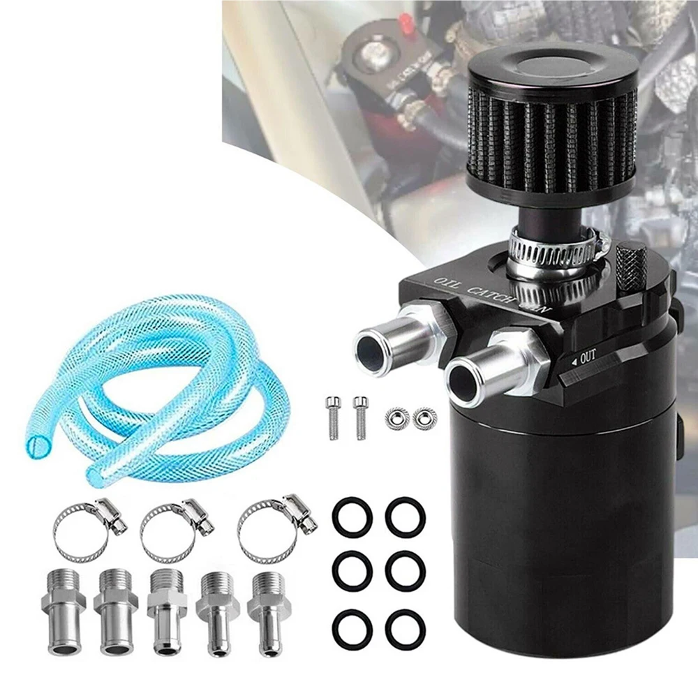 

Car Baffled Oil Catch Can Reservoir Tank with Air Filter Breather Baffled Aluminum Fittings Oil Dipstick Hole Breathable Kettle