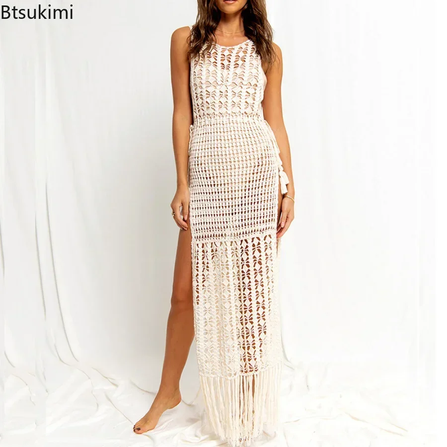 

2025 Summer Fringe Tassel Knitted Beach Cover-ups for Women Beach Wear Sexy Backless Vestidos Hollow Out Robe Long Beach Dress