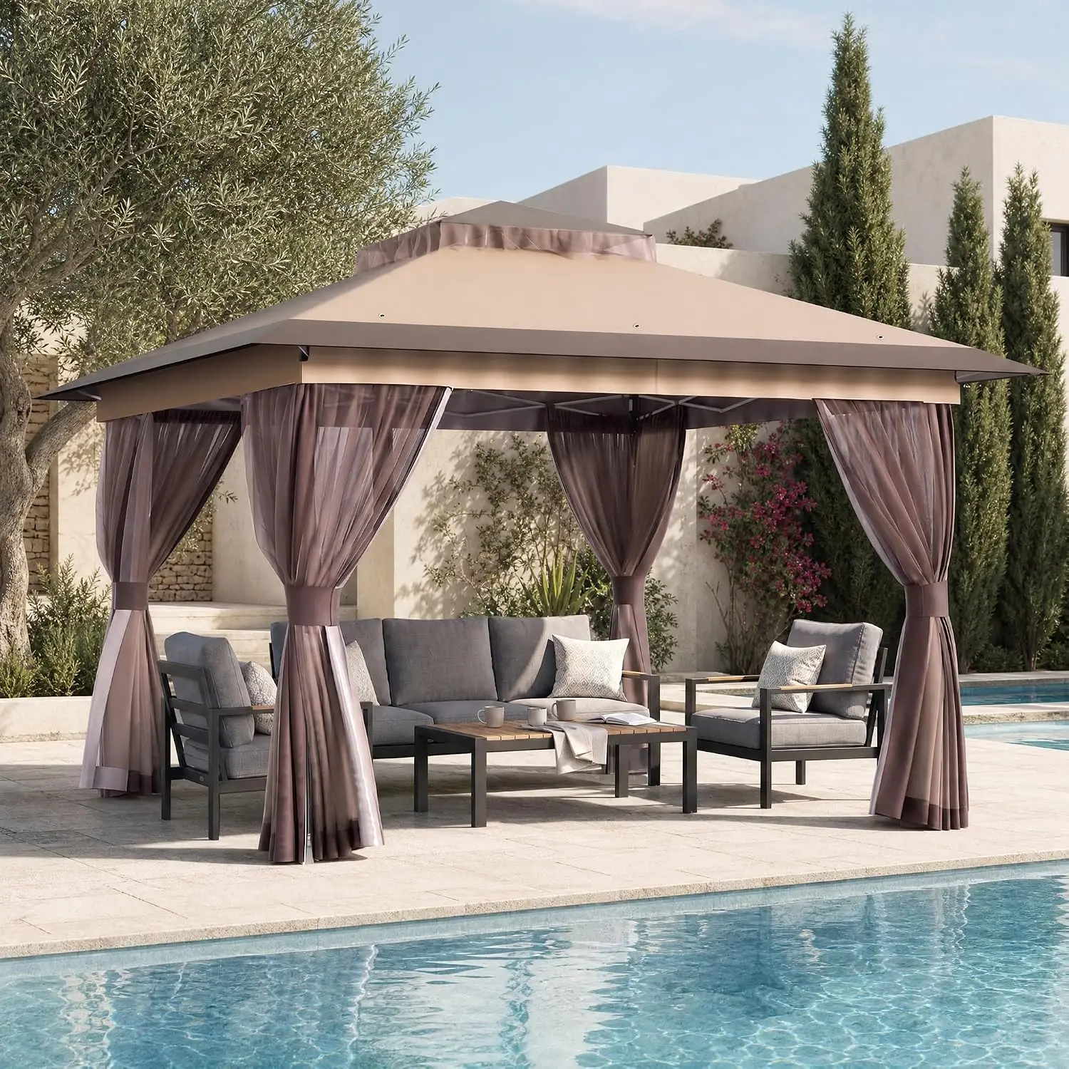 13'x13' Pop Up Gazebo Canopy Tent, Pop Up Canopy with Double Ventilated Roof & Mosquito Netting, Waterproof UV, Customized