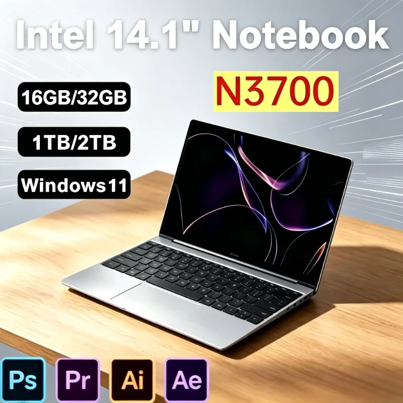 2026 New 14.1 Inch Laptop Ultra Thin Intel N3700 Win11 DDR4 2TB SSD 16GB/32GB RAM FHD Portable Business Office Notebook PC