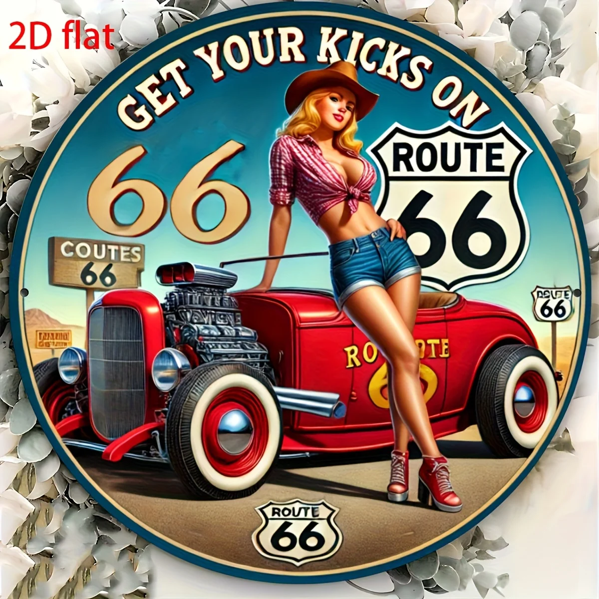 Vintage Route 66 Aluminum Wall Sign 8x8 Inch - Retro Metal Decor with Classic Car & Red Roses, Home Decor Essential