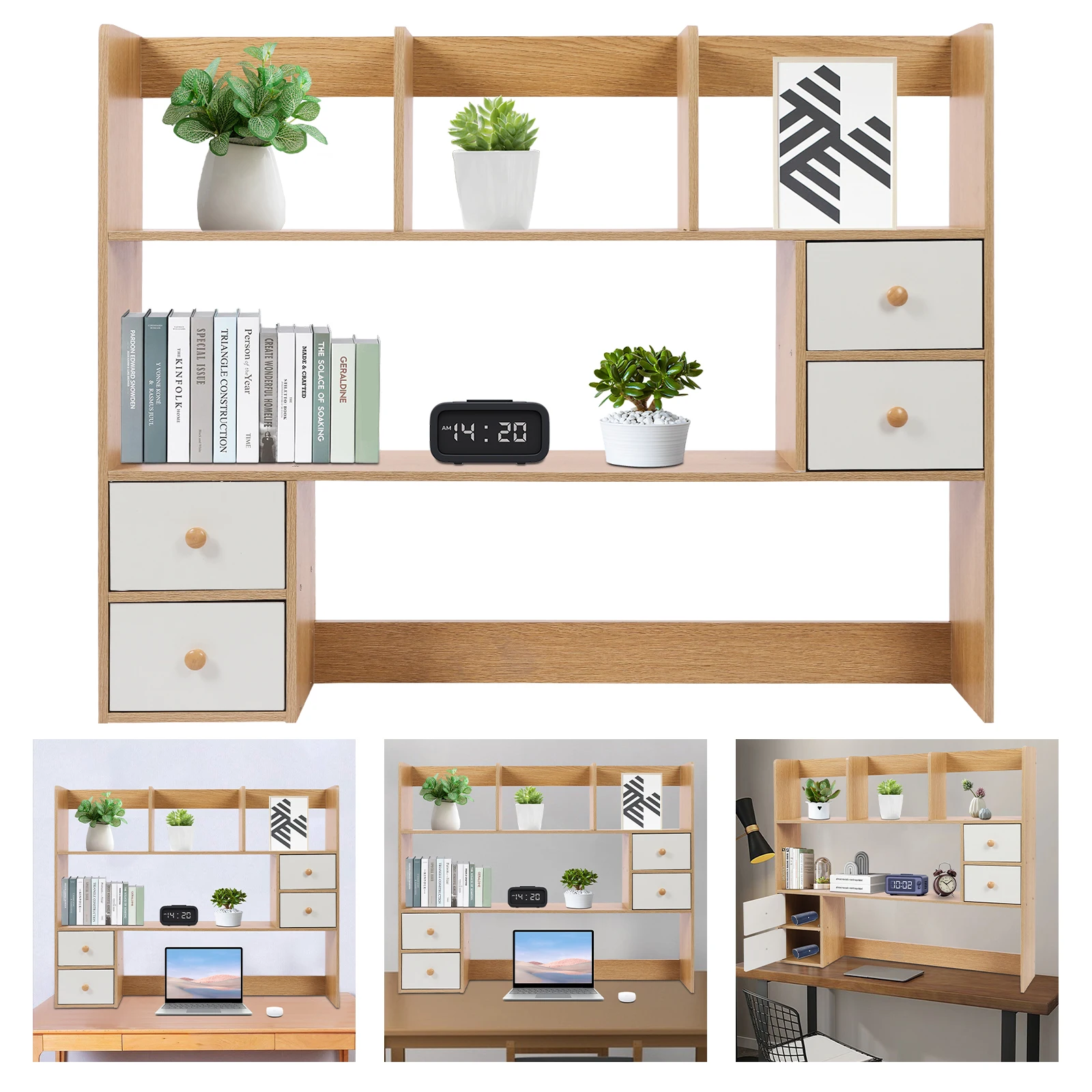 منظم قفص مكتب خشبي، حامل سطح المكتب مع 8 أرفف و4 أدراج، مكتب زينة مع قفص علوي فقط، رف مكتب صغير قابل للتمديد #2