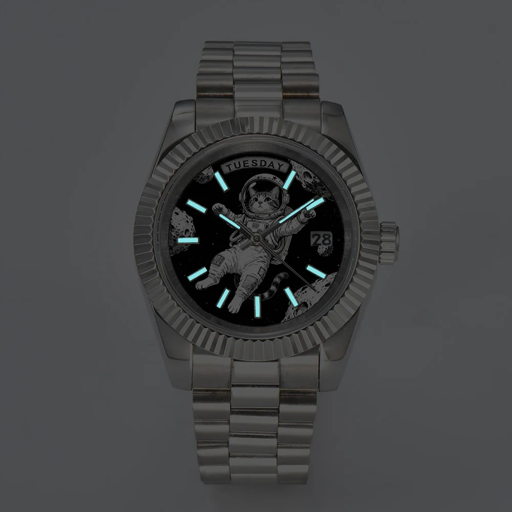 Креативные мужские часы 40 мм/36 мм, часы Miyota 8285, синие светящиеся автоматические механические часы с цветным принтом, котенок, щенок, космонавт