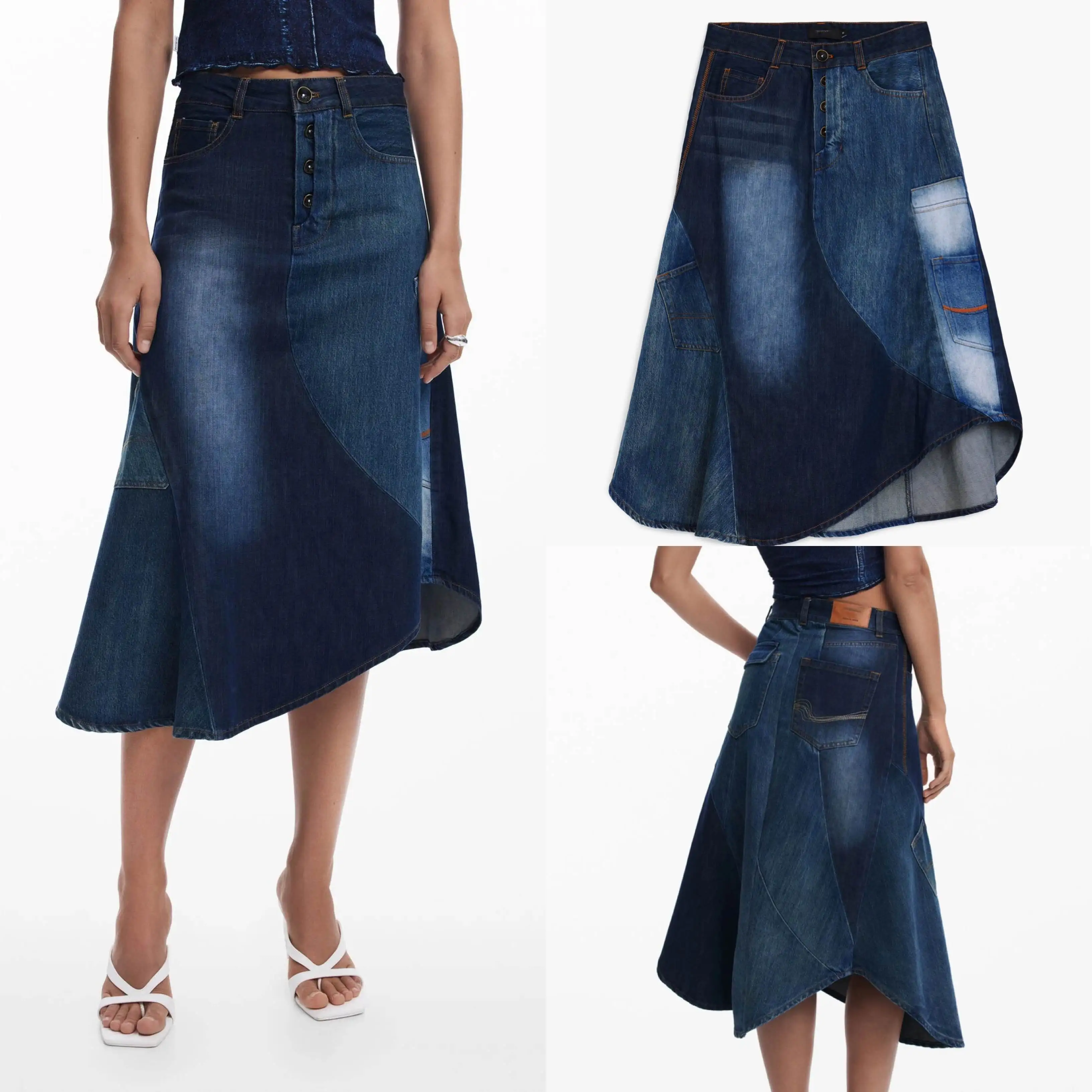 

Европейская, американская, испанская оригинальная легкая роскошная женская полуюбка, джинсовая лоскутная юбка контрастного цвета, стиль средней длины