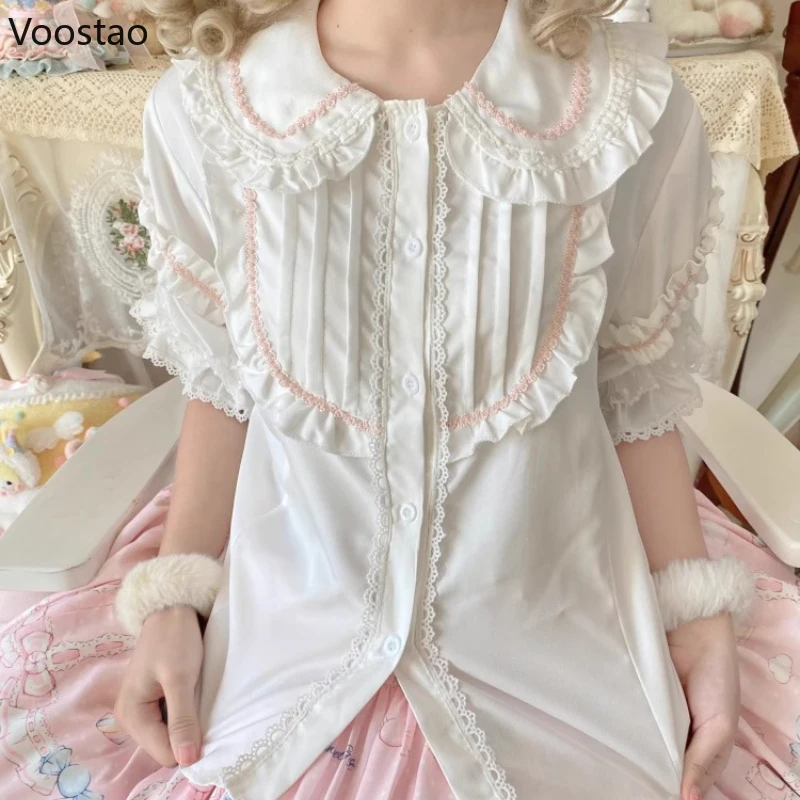 

Japanese Sweet Lolita Shirt Women Kawaii Cute Lace Ruffles Peter Pan Collar Blouse Y2k Aesthetics Girl Puff Sleeve Princess Tops