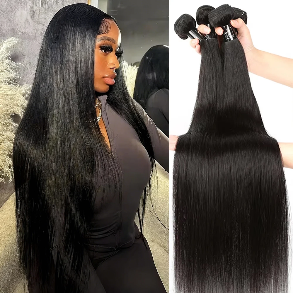 حزم شعر بشري برازيلي مستقيم 100% 30 بوصة ملحقات عذراء غير معالجة 3 4 حزم لحمة مزدوجة تجديل الشعر السائبة #1
