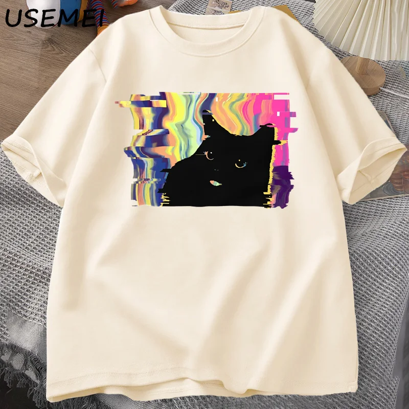 

Psychedelic Cat T Shirt for Men Women Vaporwave Aesthetic T-shirt Harajuku Punk Tshirt Cats Lover Tee Harajuku Men's Cotton Tee