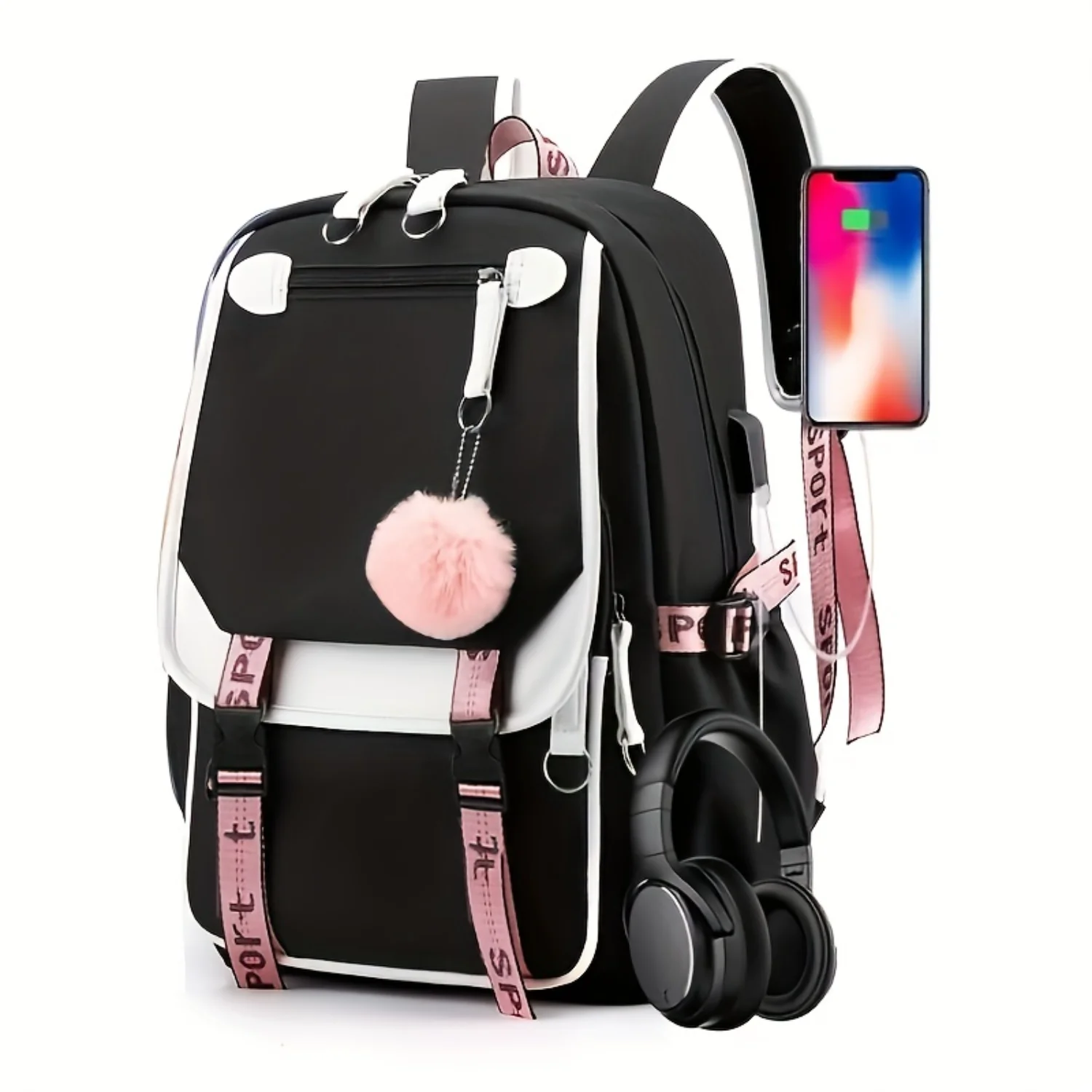 

Large Capacity Cute Backpack With USB Charger Hole, Notebook Backpack For Students, Women's Canvas Backpack