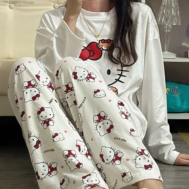 Kawaii Sanrio Hello Kitty Pajamas Pochacco Anime Cartoon Students Autumn Winter Polyester Long Sleeved Girls Nightwear Gift