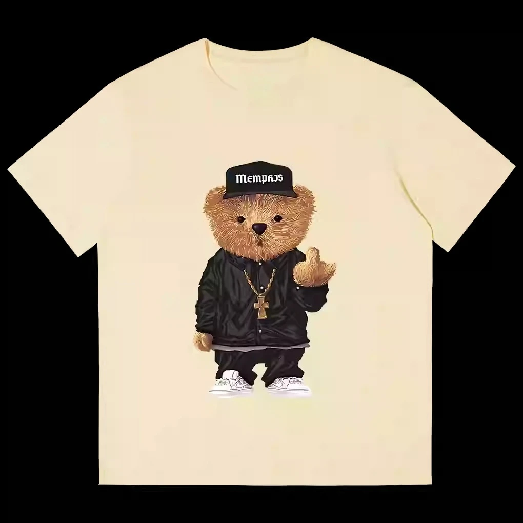 

American Retro High-quality Street Cartoon Teddy Bear Print Men's and Women's Same Short-sleeved T-shirt Pure Cotton Top