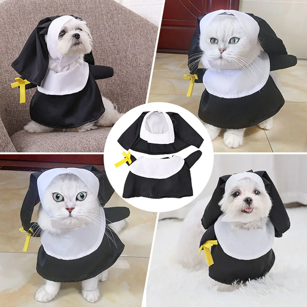 Funny Pet Costume Set Small Dog Cat Halloween Nun Cosplay Nun Headwear Dog Clothes Pet Dress Up Costume Sets DIY Pet Supplies