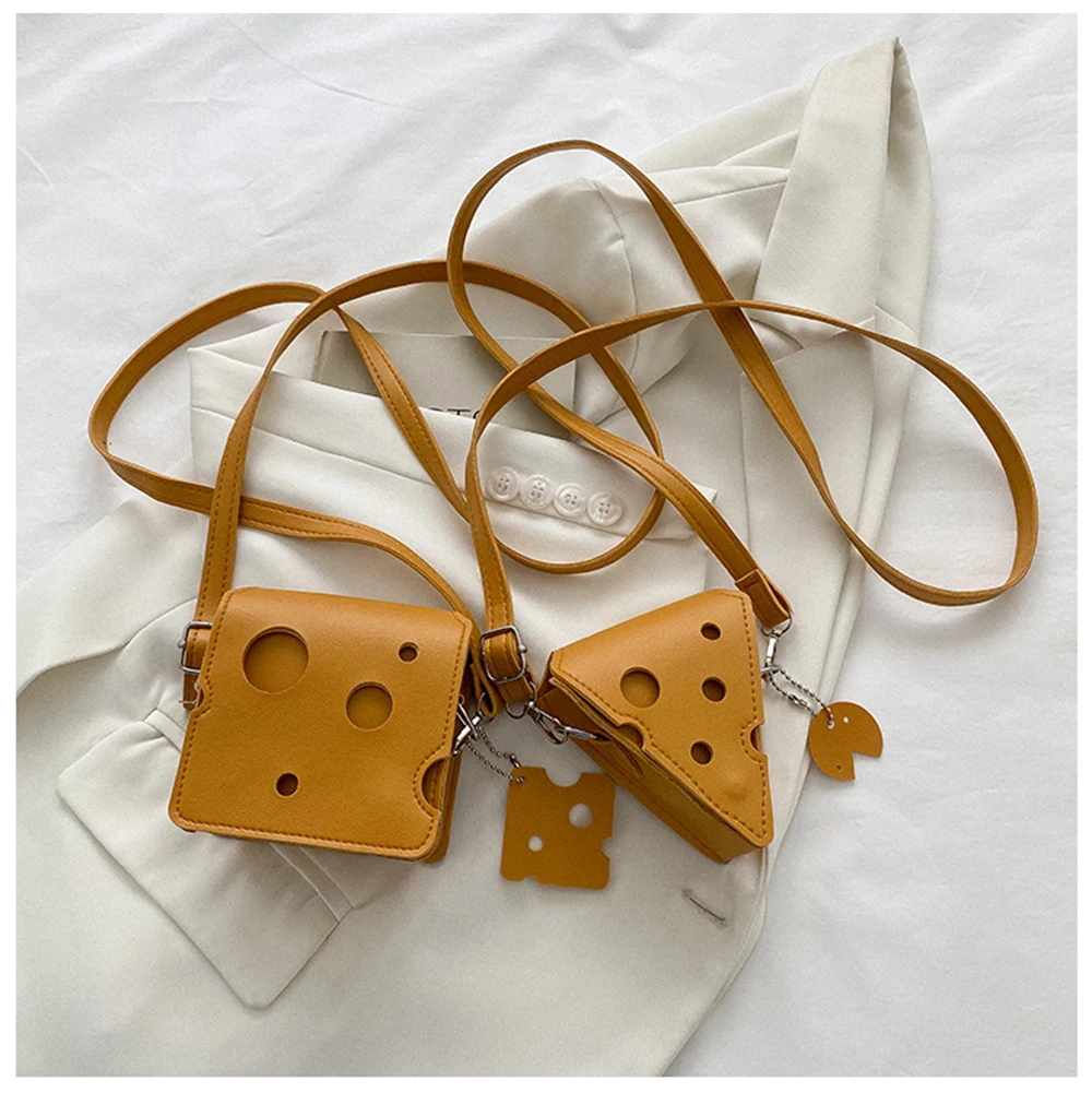 Cute Hollow Out Cheese Mini Crossbody Bag Women's French Style Sweet Yellow PU Purse Fashion Versatile Female Lipstick Bags
