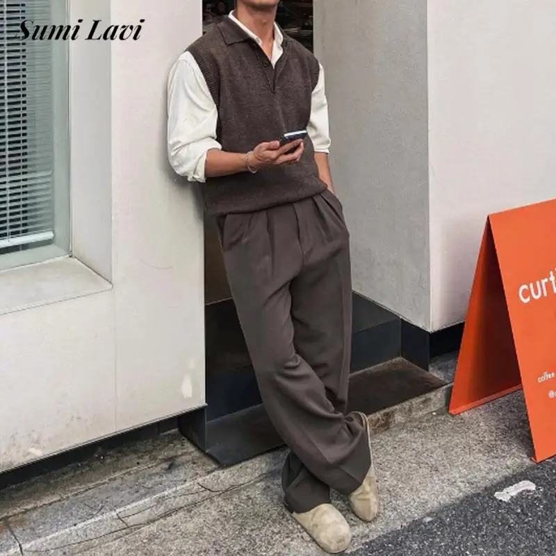 

2024, весна-осень, новые повседневные вязаные майки, мужские винтажные жилеты без рукавов с лацканами и пуговицами, вязаный мужской однотонный джемпер, топы