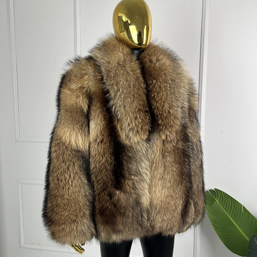 

Men Real Fur Coat Winter Genuine Raccoon Fur Coat Long Winter Jacket Luxury Turndown Collar