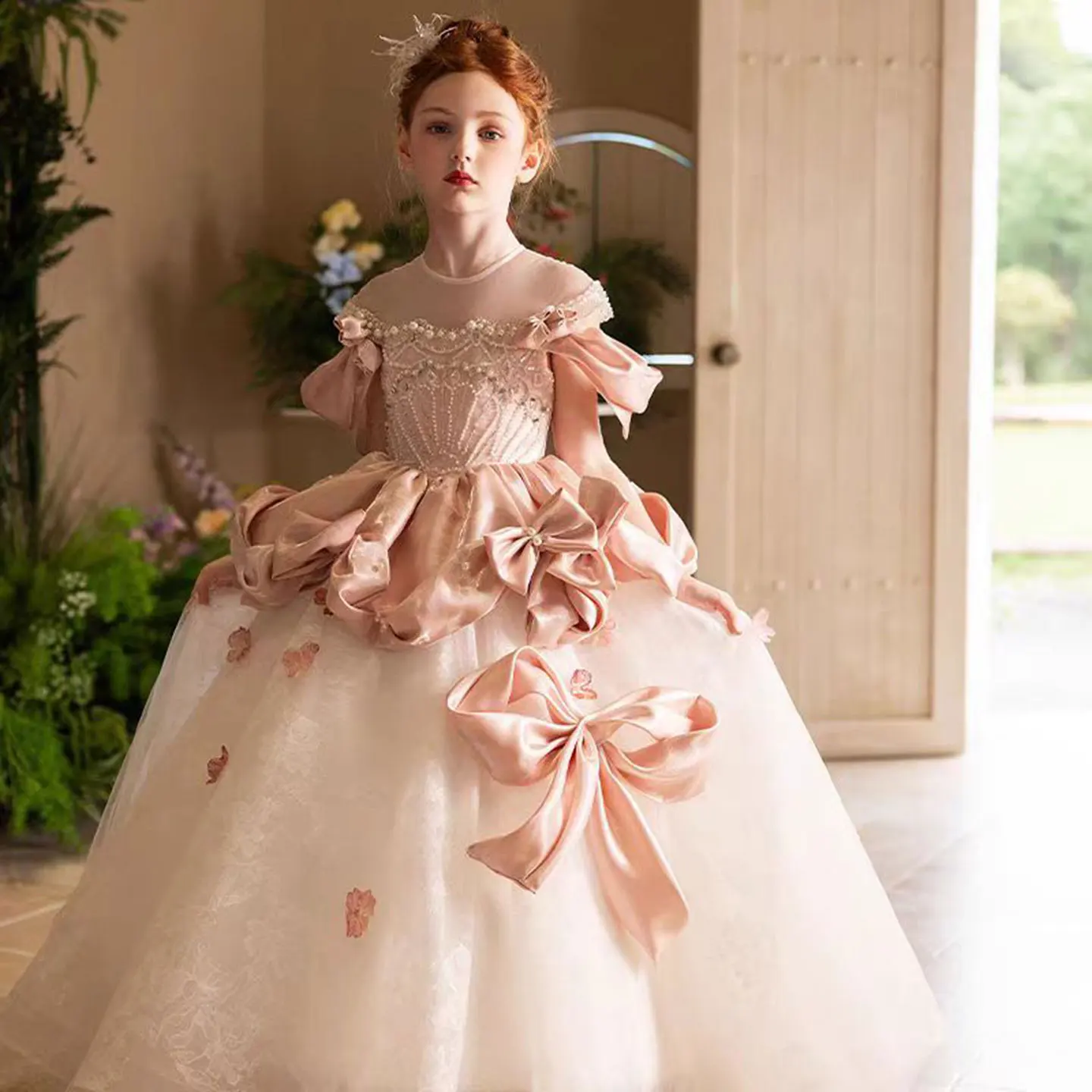 Luxury Pink Dubai Satin Girl Dress With Bow Crystal Lace Princess Wedding Birthday Pageant Party Performance Gown