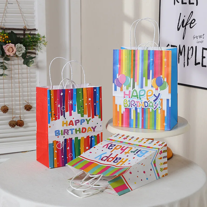 12Pcs Rainbow Cartoon Paper Gift Bag With Handle Kids Birthday Portable Favor Gift Packaging Tote Bag Baby Shower Party Supplies