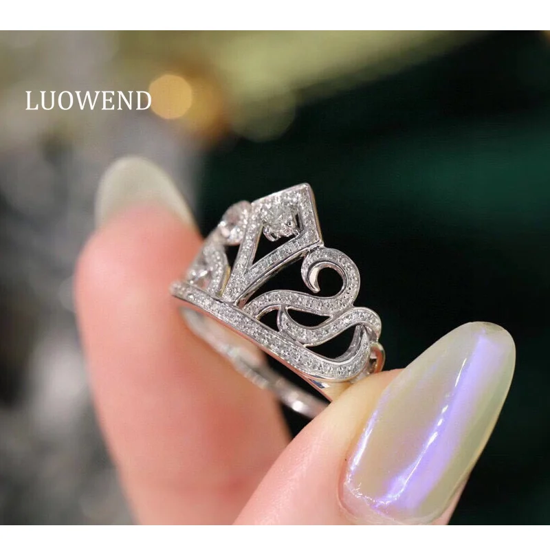 

LUOWEND 18K White Gold Rings Romantic Crown Design 0.35carat Real Natural Diamond Engagement Ring for Women High Wedding Jewelry