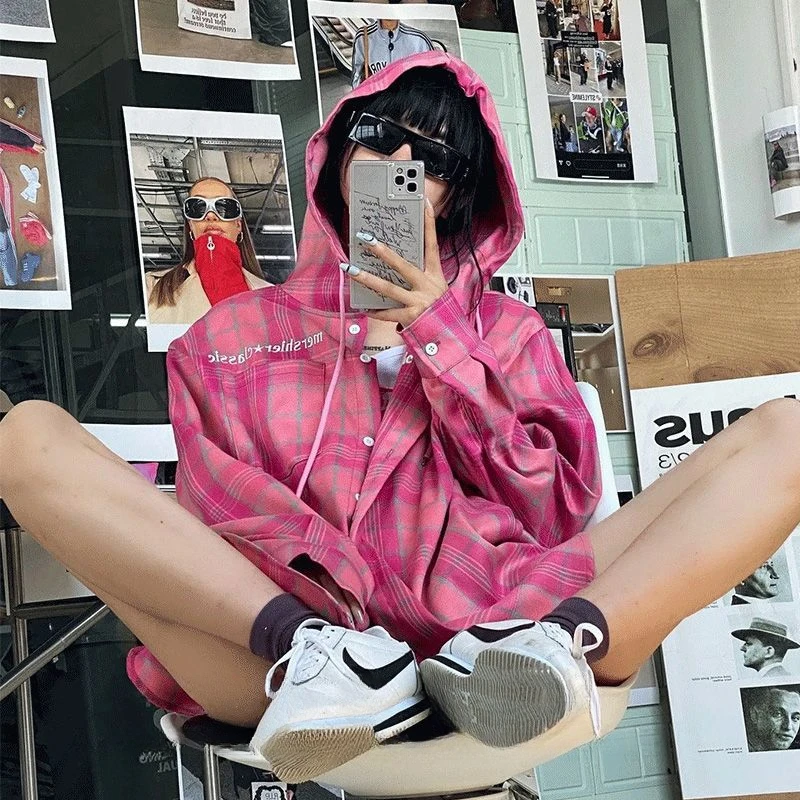 

Vintage Pink Plaid Women's Tops Hooded Shirts Korean Fashion Streetwear Long-sleeved Shirt Men New Y2K Thin Couple's Coat Blouse