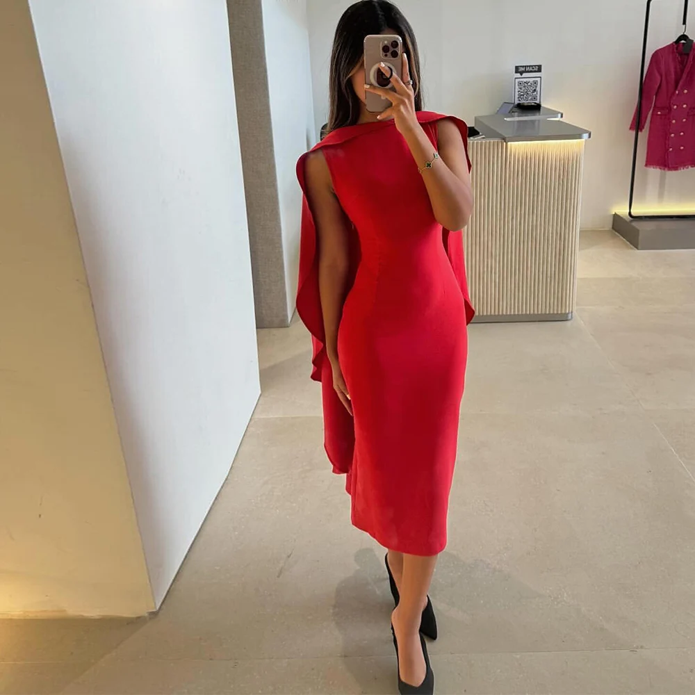 

Simple Women's Cocktail Party Gowns Jersey Sheath/Column Valentine's Day Dress Red O-Neck Cape Split Prom Dress Midi 2025