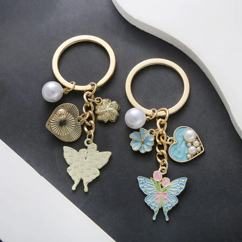 Rose Butterfly Keychain, Lake Blue Love Pearls Keychain Fashion Men Women Car Bag Key Ring Pendant Beautiful Jewelry Gift