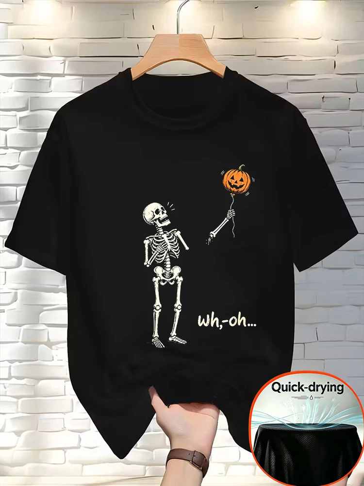 Men Halloween Skeleton Pumpkin Balloon Funny Graphic Tee Quick Dry Polyester Short Sleeve Crew Neck Casual Party T-Shirt-T121