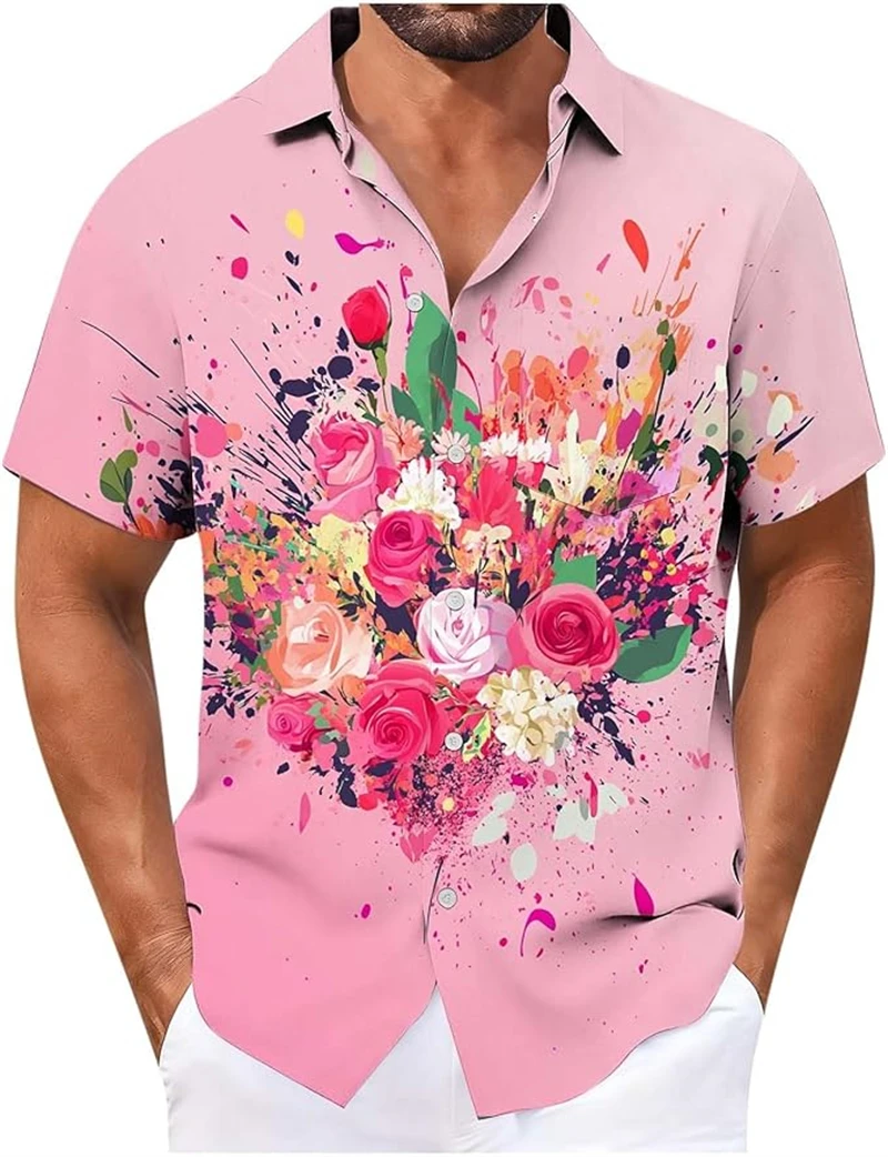 

2026 New Men's Shirt Hawaiian Shirt Color Flower Print Short Sleeve Beach Casual Style Summer Vacation Party Top Valentine's Day