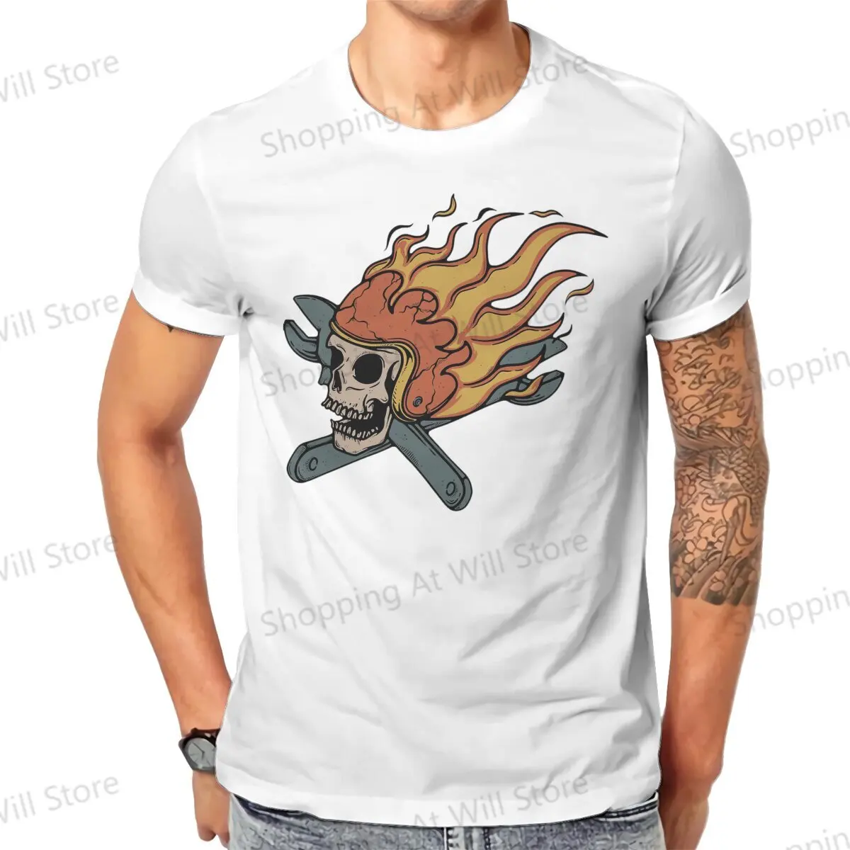 גברים בקיץ לגברים ולנשים חולצות מזדמנות פאנק גולגולות רטרו רוכב ו-אש עגול צוואר קצר שרוולים חולצת טי רחוב S-6XL