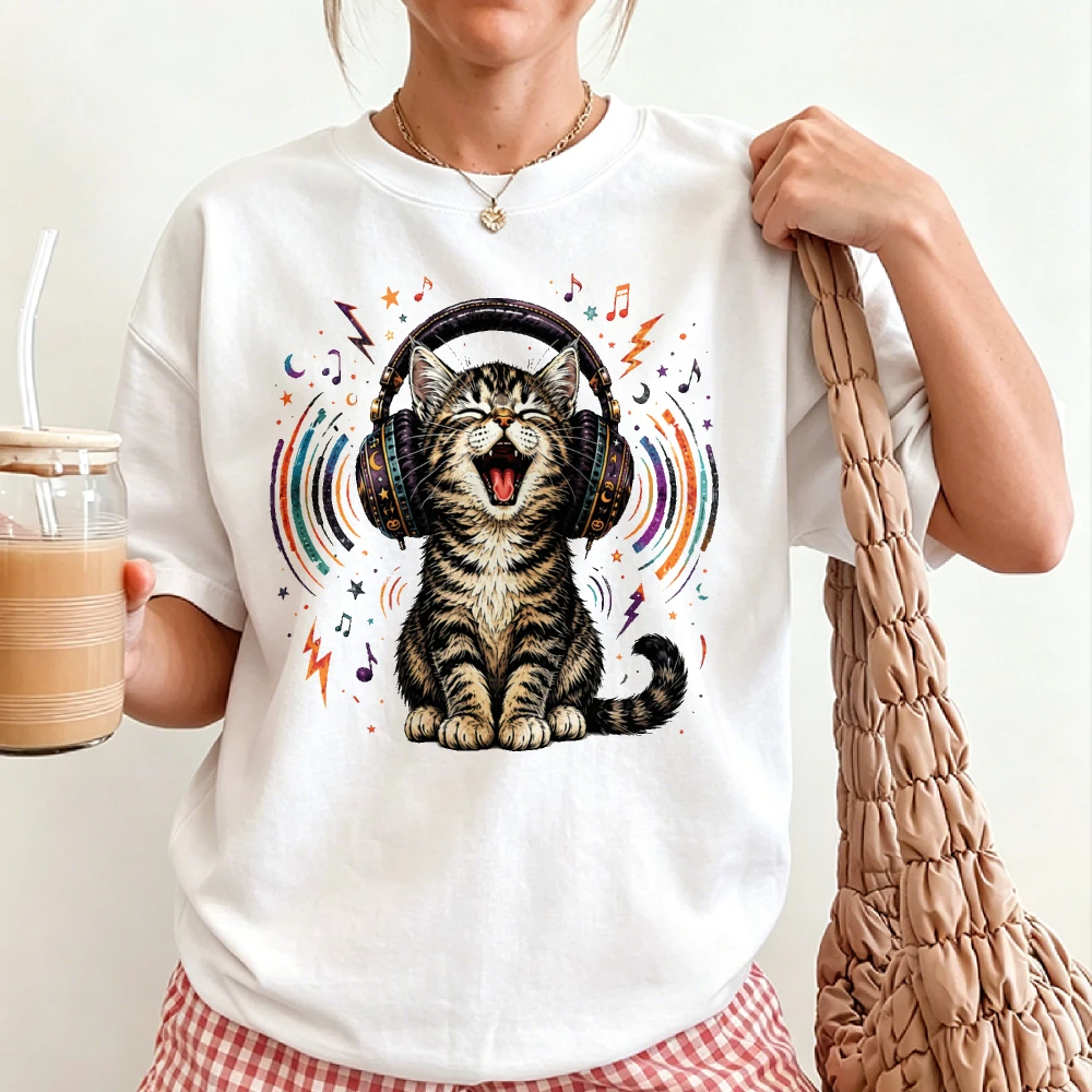Cute Singing Cat with Headphones Graphic T Shirt Colorful Music Note Rainbow Soundwave Kitty Rock Music Lover Animal Print Tops