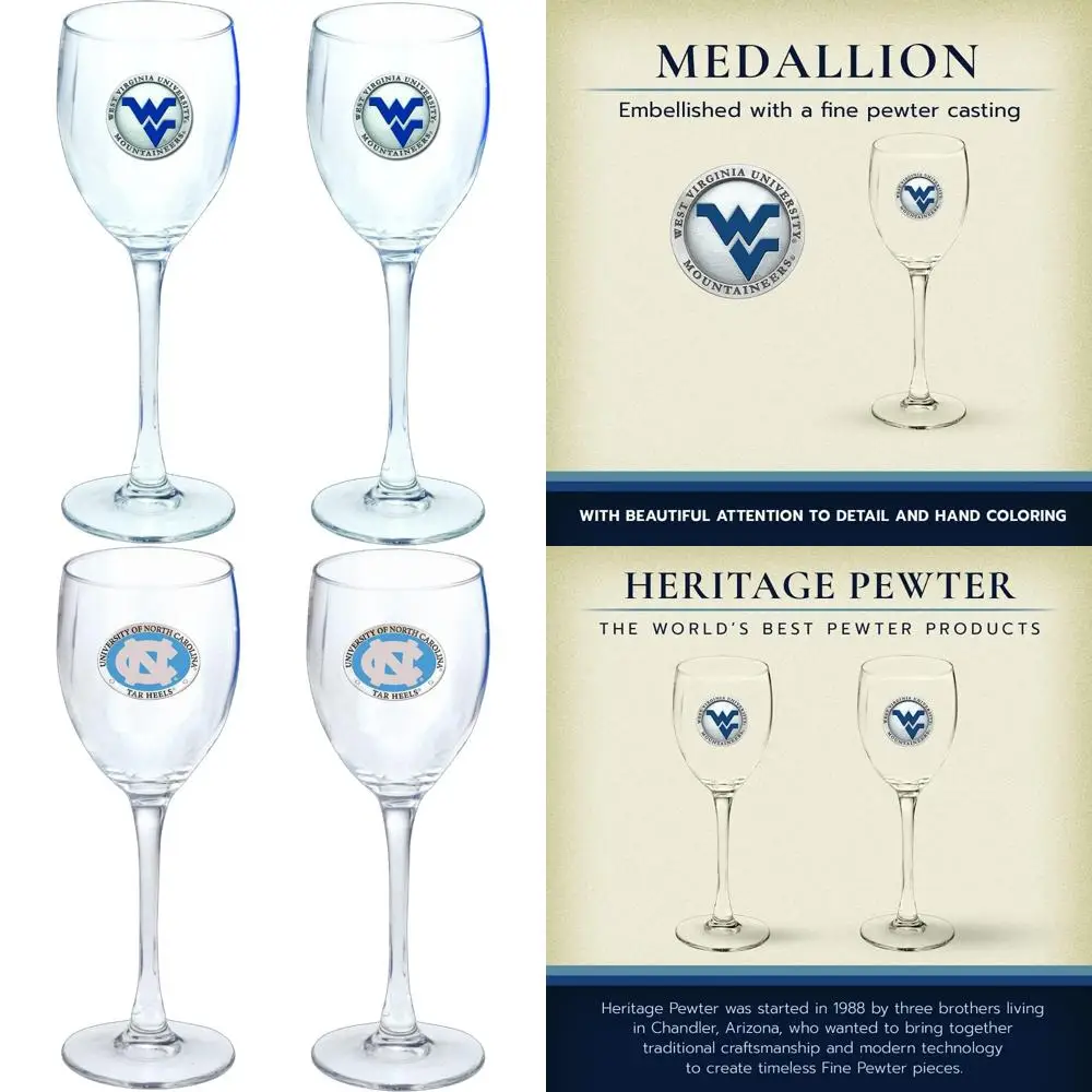 

West Virginia Mountaineers 12 oz Glass Goblets Set - Handcrafted Pewter Design Wine Glasses for Collectible Drinkware