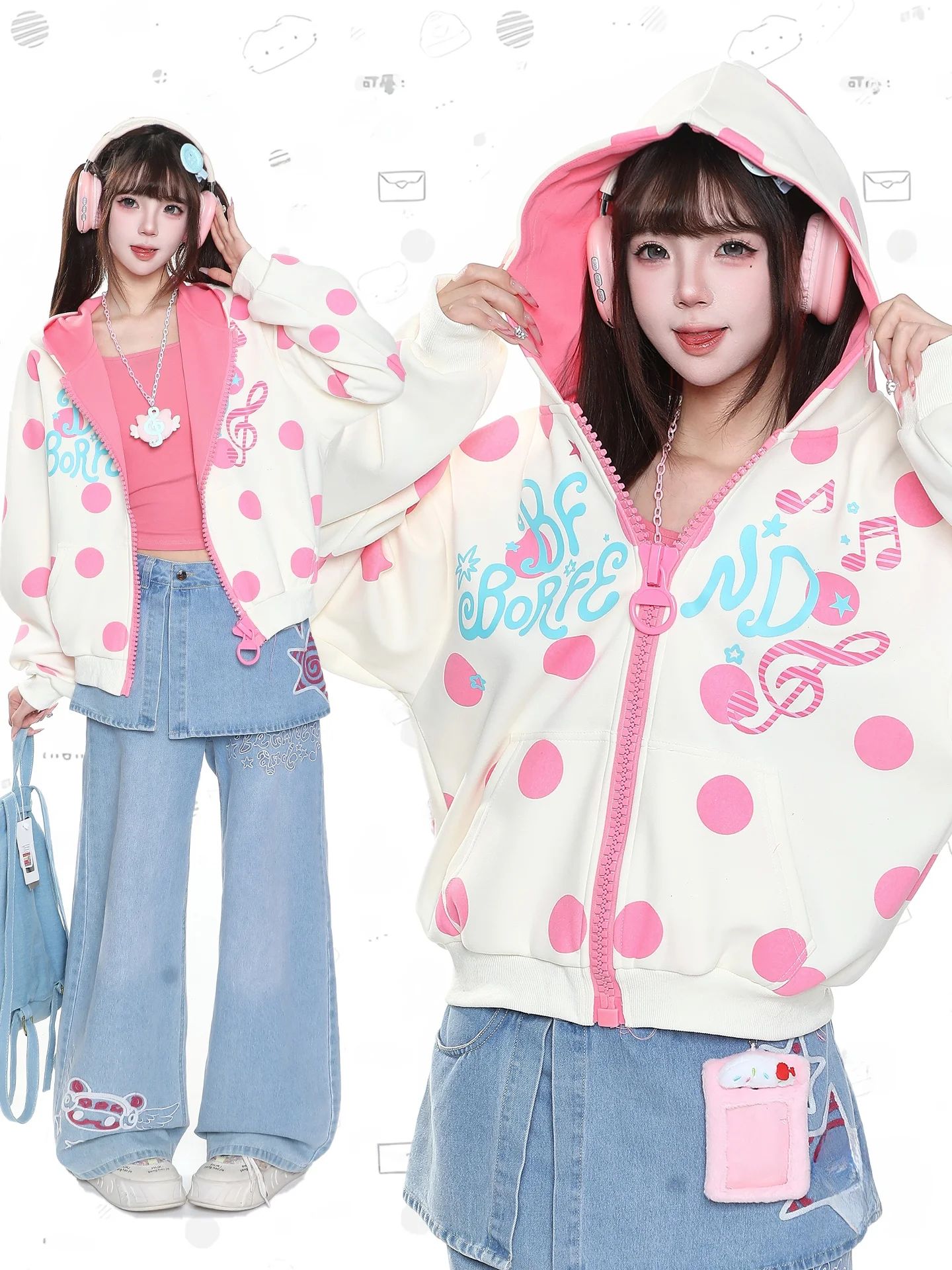 Girls Cartoon Polka Dot Hoodie Women's Loose Color Block Casual Slimming Design Open Cardigan Short Outerwear Sweatshirt