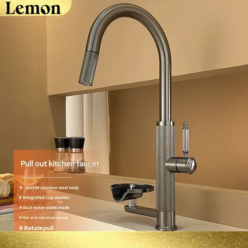 Modern Kitchen Faucets with Cup Washer Swivel Pull Out Kitchen Sink Faucet Hot Cold Water Faucet Deck Mounted Kitchen Mixer Taps